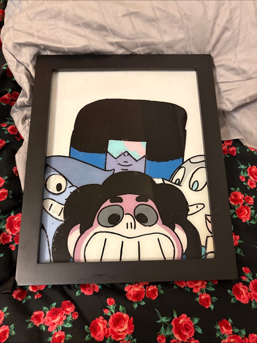 Framed Cartoon Pop Art Wall Print in Black Frame - Pink, Blue, White